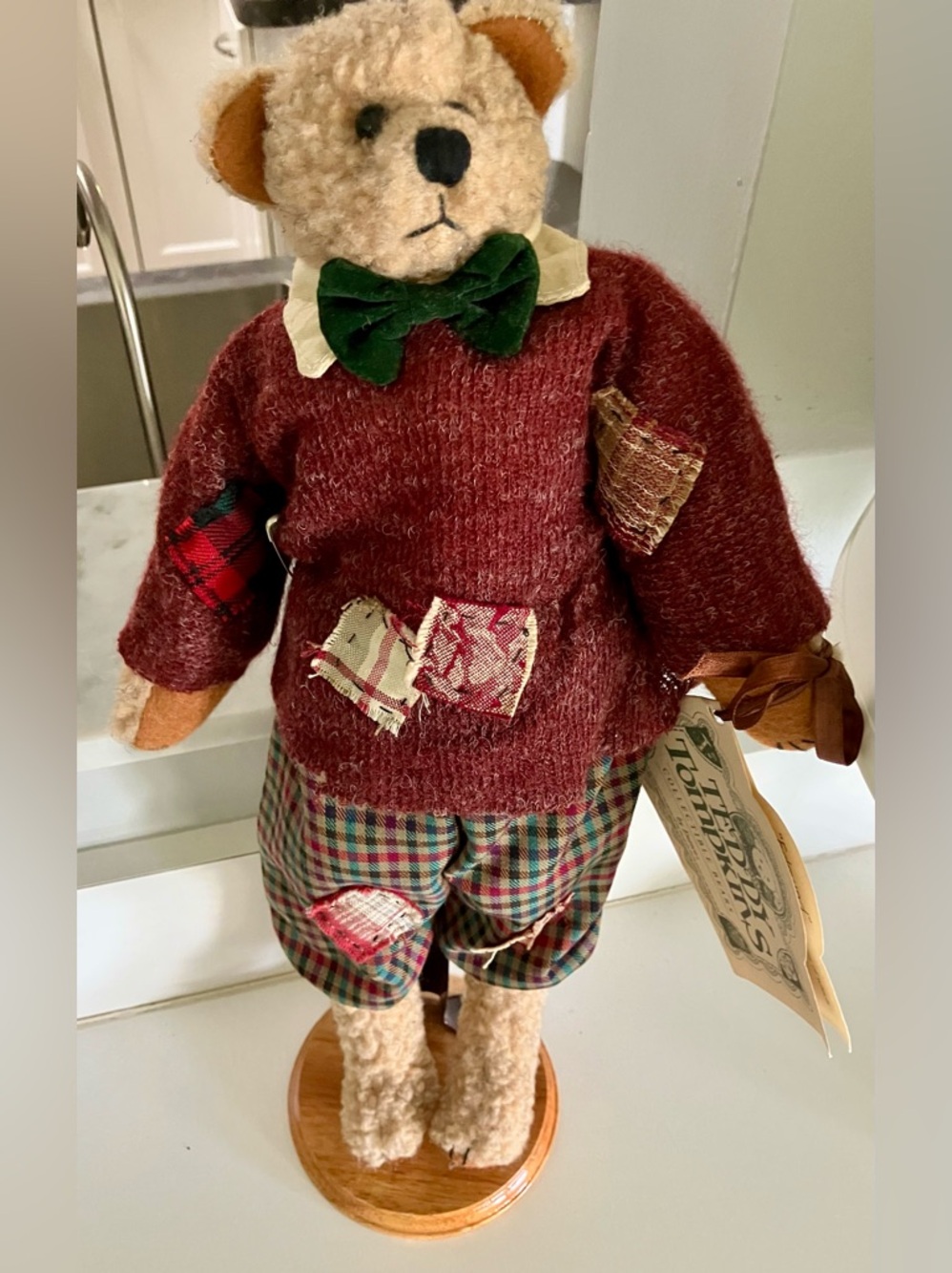 Vintage Teddy Thompson Bear by Enesco, Burgundy Sweater and Plaid Pants, Tagged